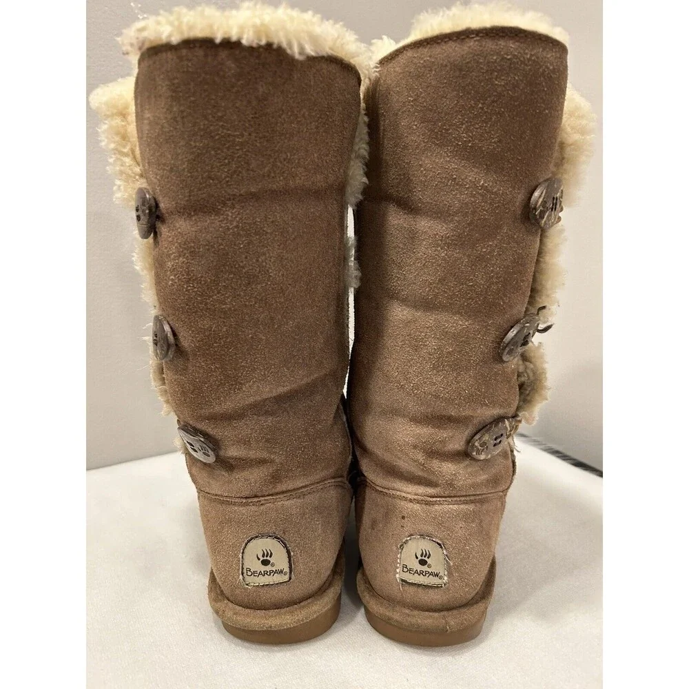 BEARPAW Lauren Tall Women's Size 7 Brown Toggle Button Sheepskin Boot